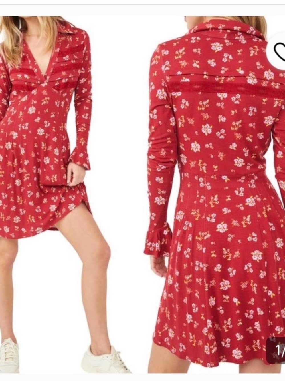Free People Good Days Red Floral Long-Sleeve V-Neck Mini Dress